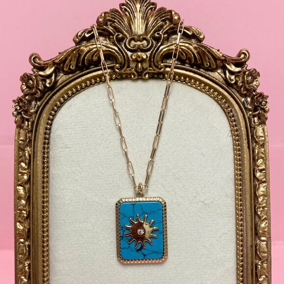 J Crew Turquoise and Gold Toned Sun Pendant 22” Necklace - Picture 3 of 4